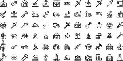 Agriculture farming and rural technology line icon set featuring tractor crops harvest minimal outline vector collection