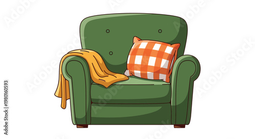 A comfortable green armchair with an orange throw and checkered cushion perfect for relaxation