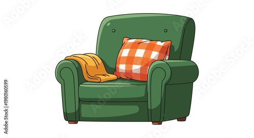 A charming illustrated green armchair with a red checkered pillow and a draped yellow blanket