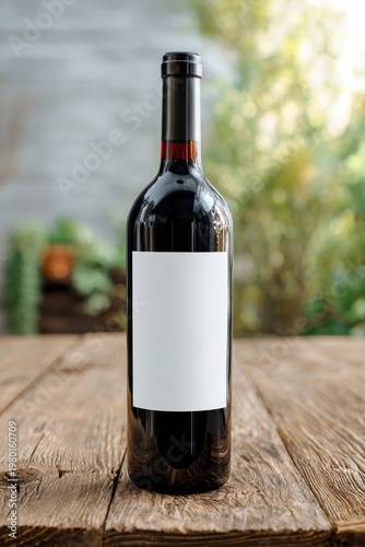 Dark glass wine bottle with empty label on natural wood, ideal for logo placement and design templates