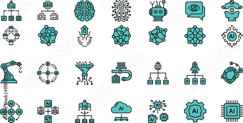 Artificial intelligence and machine learning line icon set featuring neural networks robotics automation data analytics and AI systems