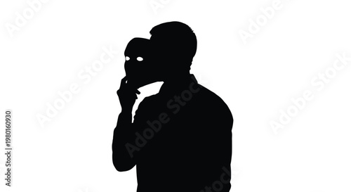Silhouette of a man wearing a ski mask and looking thoughtful with hand on chin