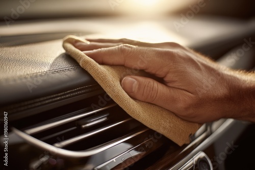 Close-up of a cleaner polishing a car dashboard with a microfiber rag