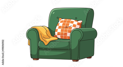 An inviting green armchair with a patterned cushion and draped yellow throw blanket