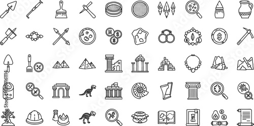 Archaeology and ancient history outline icon set with artifacts tools fossils pyramids and excavation symbols for educational design