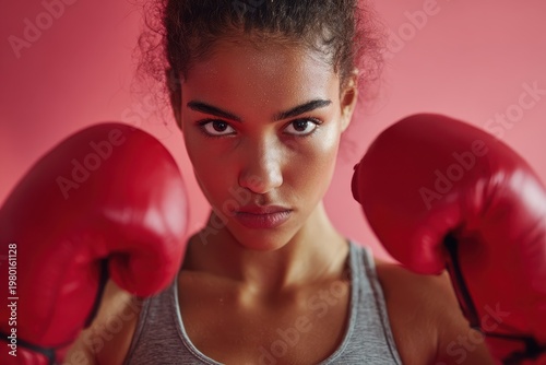 Focused female boxer with gloves in a dynamic pink setting