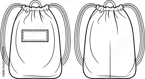 Front and back view of a simple black and white outline drawing of a drawstring backpack drawstring bag