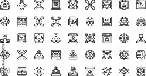 API integration and software development line icon set featuring cloud services interface automation technology outline vector collection