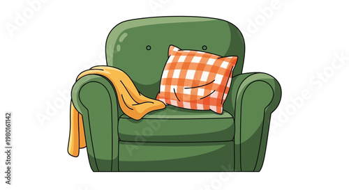 A cozy green armchair with a checkered pillow and draped yellow throw blanket