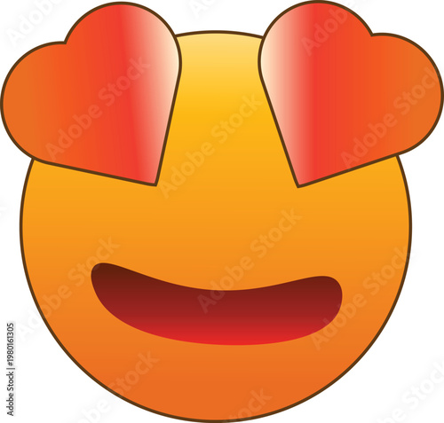 Heart eyes emoji vector illustration, yellow smiling face with red heart shaped eyes, romantic love emoticon for social media and messaging