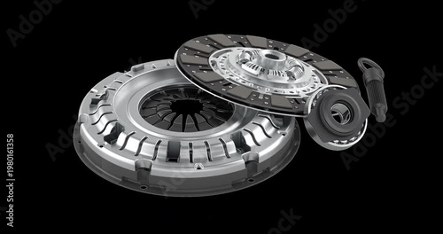 Car clutch kit, rotation animation seamlessly loopable. 3D rendering isolated on transparent background