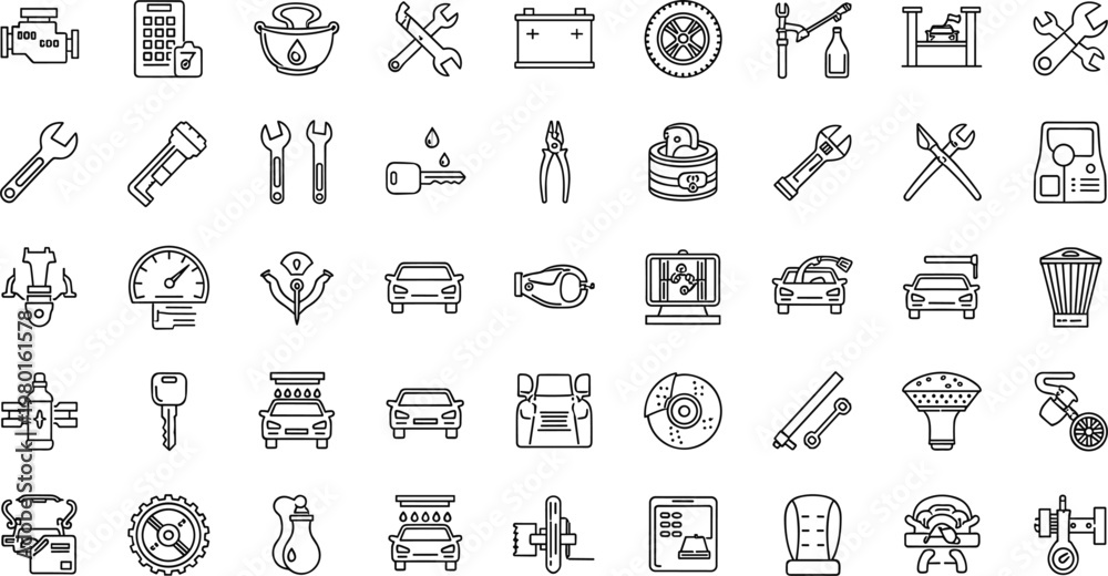 Fototapeta premium Auto repair and car maintenance line icon set featuring mechanic tools garage service minimal outline vector collection