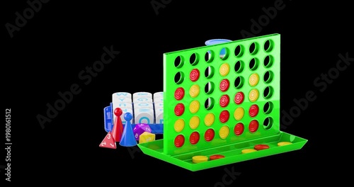 Boggle, Connect Four and tabletop games set, rotation animation seamlessly loopable. 3D rendering isolated on transparent background
