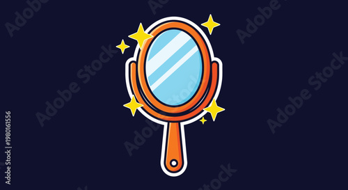 A brightly colored cartoon style hand mirror with sparkling stars on a dark blue background