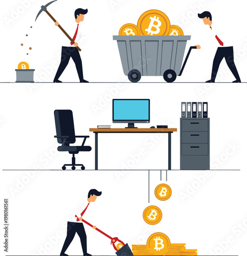 Bitcoin Mining and Cryptocurrency Work Process with Workers Collecting Digital Coins Vector Illustration
