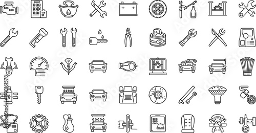 Auto repair and car maintenance line icon set featuring mechanic tools garage service minimal outline vector collection