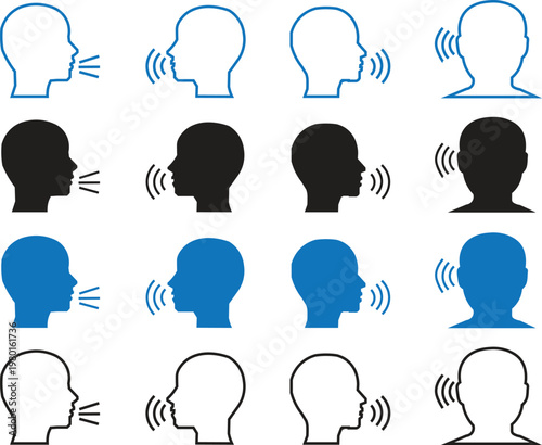Speaking and listening icon set, 16 vector head silhouettes with sound waves, communication and voice recognition symbols for UI design