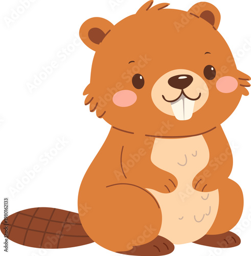 Flat vector illustration of cartoon beaver. Forest animals for kids, educational cards, learning materials, games, nursery decor