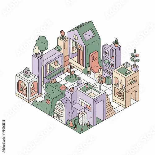 Isometric illustration of a miniature city with buildings and plants.