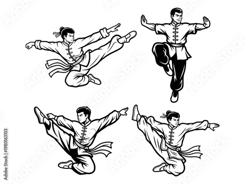 Wushu athletes posing vector