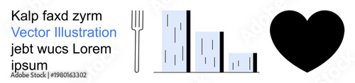 Food culture, data analytics, emotional health, dieting trends, corporate branding, abstract design. Minimalist fork, bar graph and black heart on white. Food culture and data analytics concept