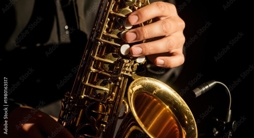 Obraz premium Close-up of a musician playing a saxophone jazz instrument
