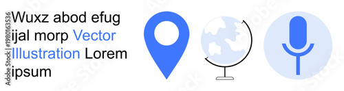 Navigation, digital communication, voice recognition, global reach, geographic tracking, online interaction. Blue map pin, globe microphone symbols. Navigation and digital communication concept