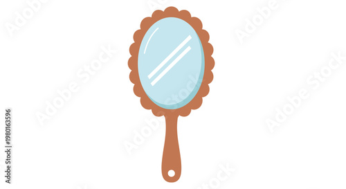 A cartoon illustration depicts a hand mirror with an ornate scalloped frame and a wooden handle