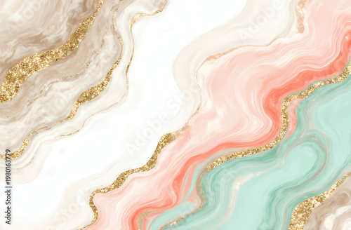 Delicate waves of pastel colors intertwine, showcasing shades of pink, mint, and cream adorned with glittering accents. A serene moment captures beauty in abstract art Generative AI