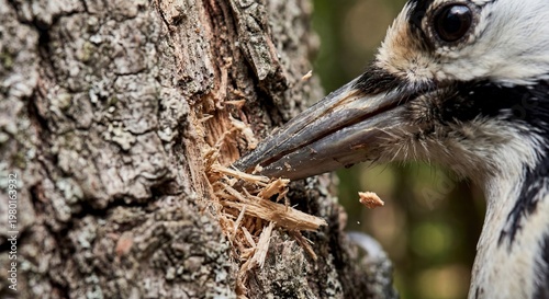 Close-up of a woodpecker's beak pecking at a tree trunk