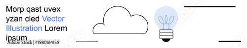 Creativity, innovation, modern design, energy efficiency, brainstorming, digital aesthetics. Minimalist illustration of a cloud and light bulb with text. Creativity and innovation concept