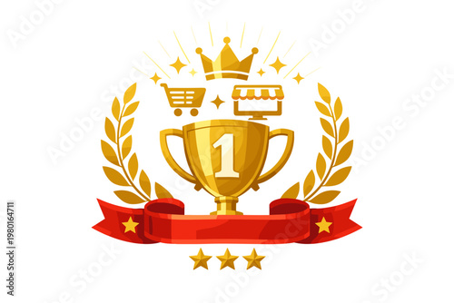 Golden trophy cup with number one, laurel wreath, red ribbon, and crown for e-commerce success, online shopping achievement, best seller award, and business excellence flat vector illustration.