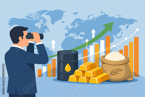 Businessman in Suit Looking Through Binoculars at Global Commodity Market Trends with World Map, Rising Growth Arrow, Bar Charts, Crude Oil Barrel, Gold Bullion Bars, and Sack of Grain Illustration