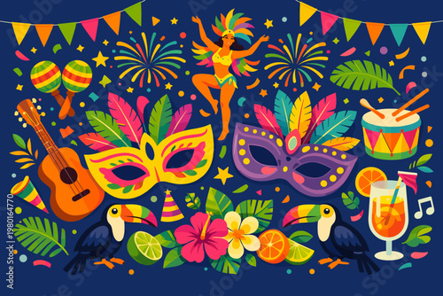 Colorful Brazil Carnival Vector Illustration Featuring Samba Dancer, Masquerade Masks with Feathers, Toucans, Tropical Flowers, Musical Instruments, Fireworks, and Festive Party Elements