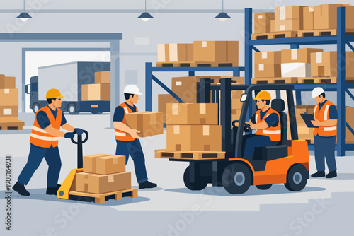 Professional warehouse team in safety gear operating a forklift and pallet jack to load boxes. Logistic storage workers managing inventory and shipping in a large industrial distribution center.