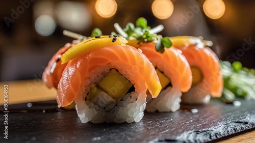 Delicious salmon sushi rolls with mango on a black plate