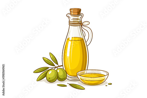 Extra virgin olive oil in a glass bottle with cork stopper, small bowl of oil, and fresh green olives on a branch with leaves. Simple flat vector illustration isolated on white background for food.