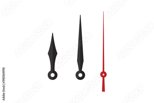 Set of realistic clock hands in minimalist style. Classic analog watch arrows with hour, minute, and second hands isolated on white background. Vector illustration for watch design and repair.