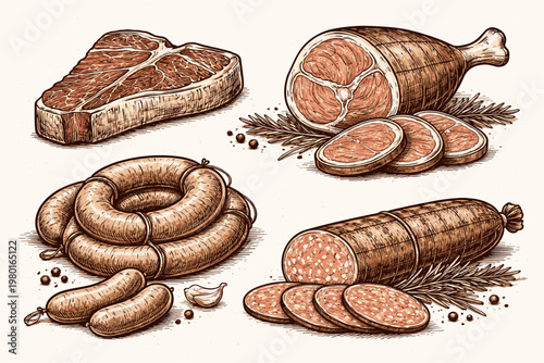Vintage Woodcut Style Collection of Assorted Meat Products Featuring T-Bone Steak, Smoked Ham, Coiled Sausages, and Salami Slices with Herbs and Spices, Hand-Drawn Engraving Vector Illustration