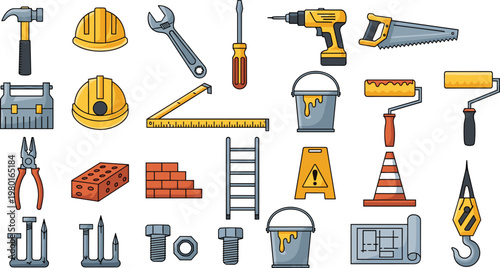 Construction Tools Vector Set with Hammer Drill Saw Helmet and Building Equipment