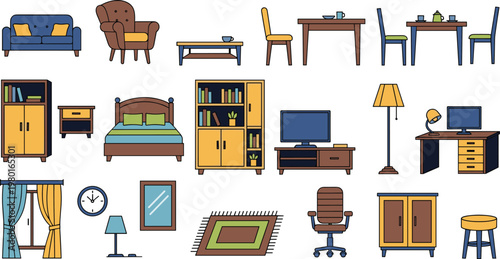 Home Furniture Interior Vector Set with Sofa Bed Table Chair and Living Room Items