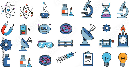 Science Laboratory Vector Set with Microscope DNA Magnet Satellite and Lab Equipment
