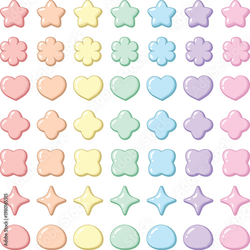 Pastel Glossy Shapes Stickers Set Stars Flowers Hearts Rounded Icons