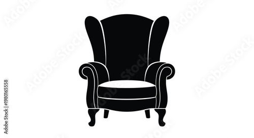A minimalist black silhouette depicts a classic high backed armchair with ornate detailing