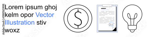 Business strategy, financial agreements, innovation, creativity, legal documentation, commerce. Dollar sign, clipboard with paper light bulb as seen. Business strategy and financial agreements
