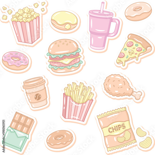 Cute Pastel Food Stickers Set, Kawaii Fast Food and Snacks without background