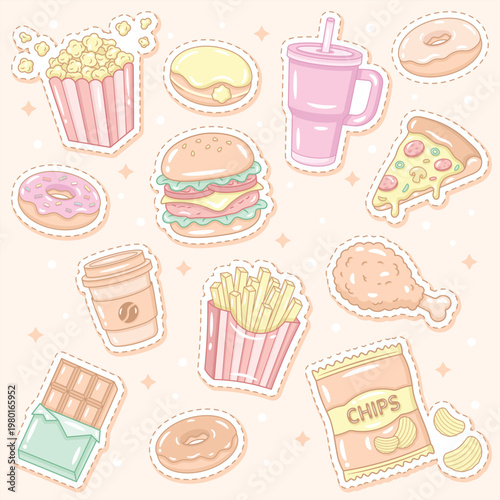Cute Pastel Food Stickers Set, Kawaii Fast Food and Snacks, Hand Drawn Cartoon Sticker Collection