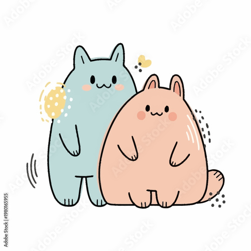 Two Cute Kawaii Cartoon Cats Standing Together.