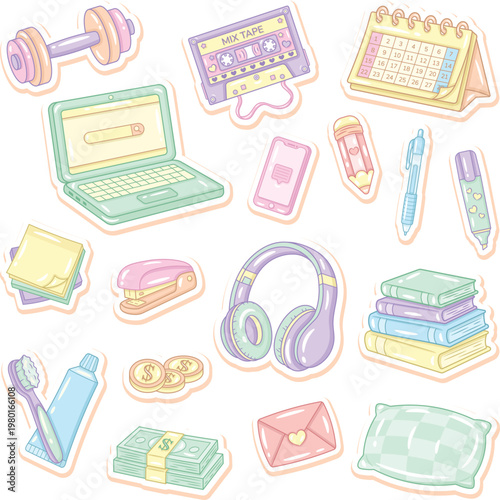 Cute Pastel Planner Stickers Set Kawaii School and Daily Objects without background