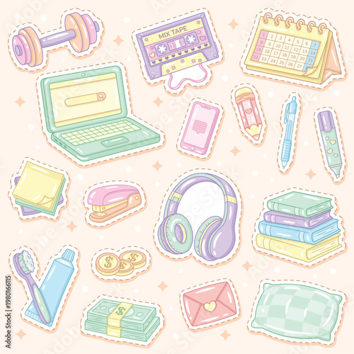 Cute Pastel Planner Stickers Set, Kawaii School and Daily Objects, Hand Drawn Sticker Collection